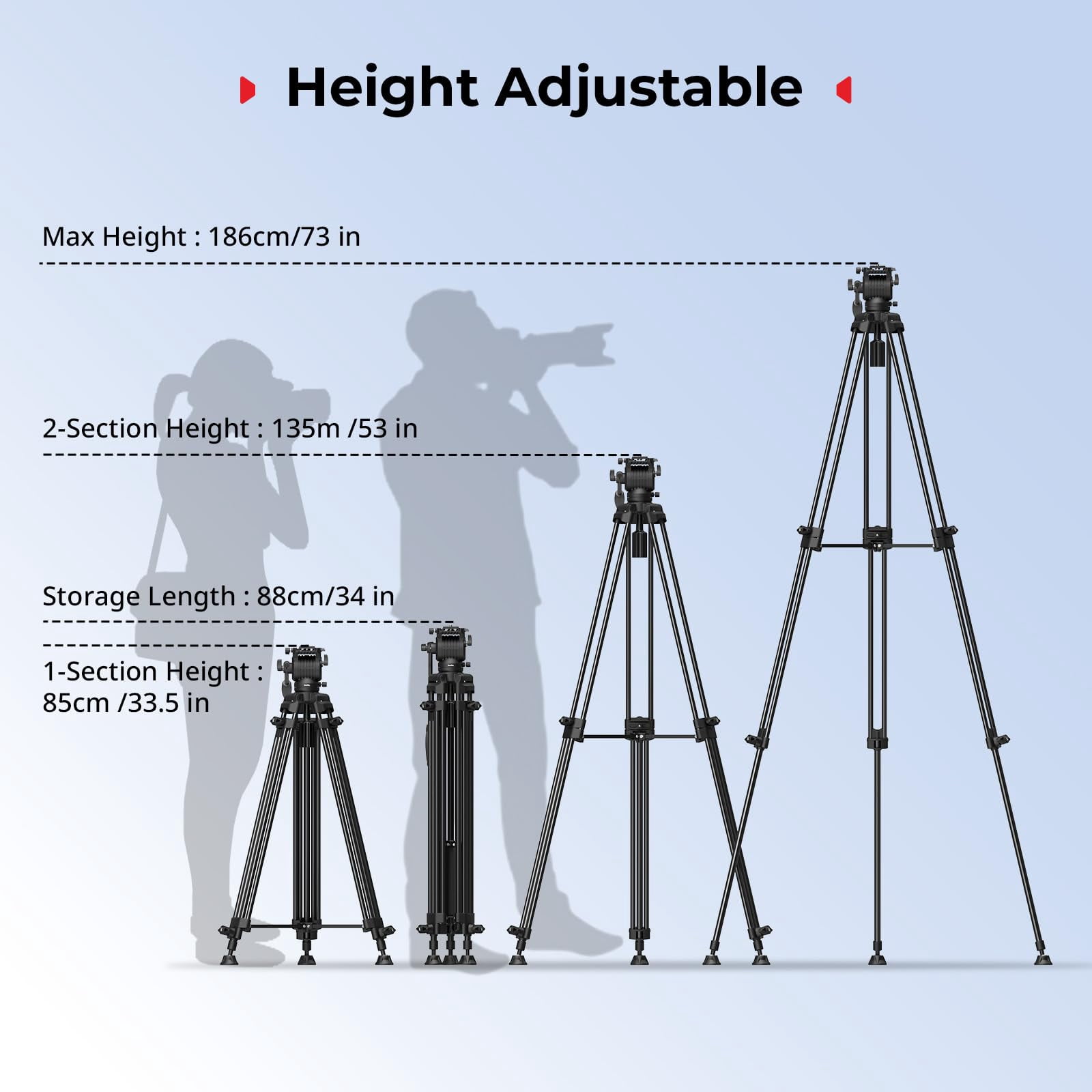 73''/186cm Heavy Duty Aluminum Alloy Video Tripod  Max Load 8kg (18lbs) Fluid Head With +85° To -78 Tilt Range Compact Travel Weight 3.1kg(6.8lbs) Folded Height 88cm Ad-14-5440