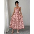 thumbnail image 6 of Bubblegum Pink Floral Print Waist-Gathering Pleated A-Line Maxi Dress For Women, 6 of 6