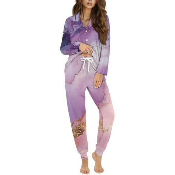 DISNIMO Marble Print Womens Pajamas Sets 2 Piece Pj Sets Long Sleeve Top and Long Pajama Pants Sets Button Down Sleepwear Soft Comfy Loungewear Nightwear