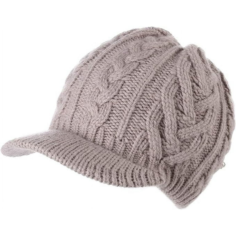 Knitted Winter Wool Lined Women's Knit Visor Beanie: Warm