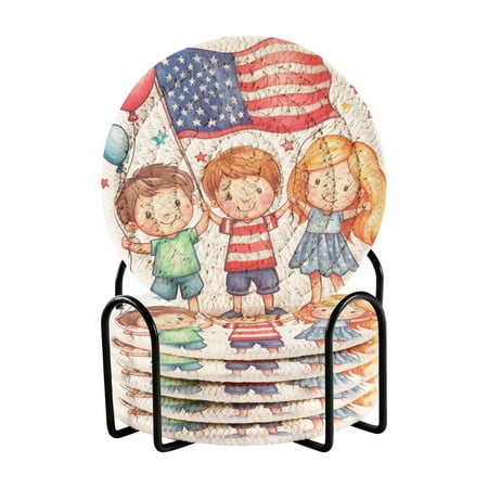 

6-Pack Coiled Coasters Set with Storage Rack Heat-Resistant for Home Office or Gift American Flag Balloons and Stars (3.94in Diameter)