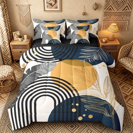 Castle Fairy Boho Tropical Leaf Bedding Comforter Set 7pcs for Boys Geometric Print Queen Bedding Sets for Bedroom Navy Gold Black Reversible
