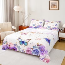 Manfei Cute Cartoon Butterfly Twin Sheet Sets,Romantic Flower Twin Fitted Sheet,Purple White Blue Flat Sheet For Girls Kids,Breathable Home Decor,3pcs