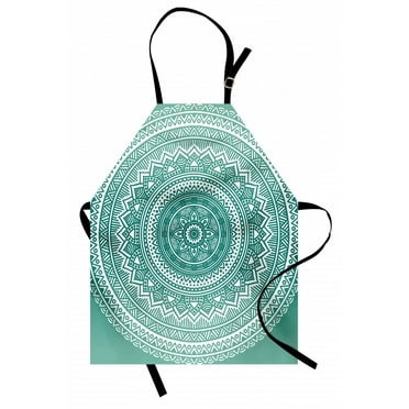 Teal Ombre Apron Mandala Pattern Boho Style Floral Dots and Stripes with Petals Ethnic Print, Unisex Kitchen Bib Apron with Adjustable Neck for Cooking Baking Gardening, Teal and White, by Ambesonne