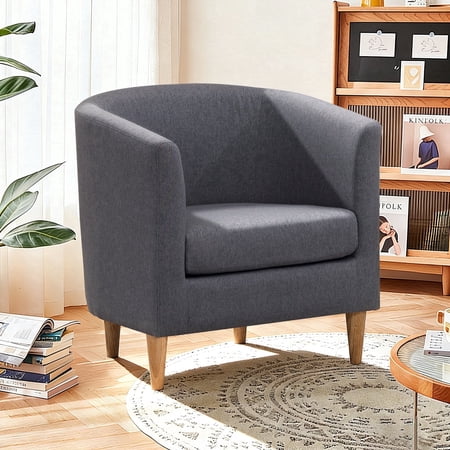 Modern Barrel Accent Chair Upholstered Fabric Armchair with Thick Cushion and Wood Legs Cozy Reading Chair for Living Room Bedroom Small Spaces (1PC Gray)