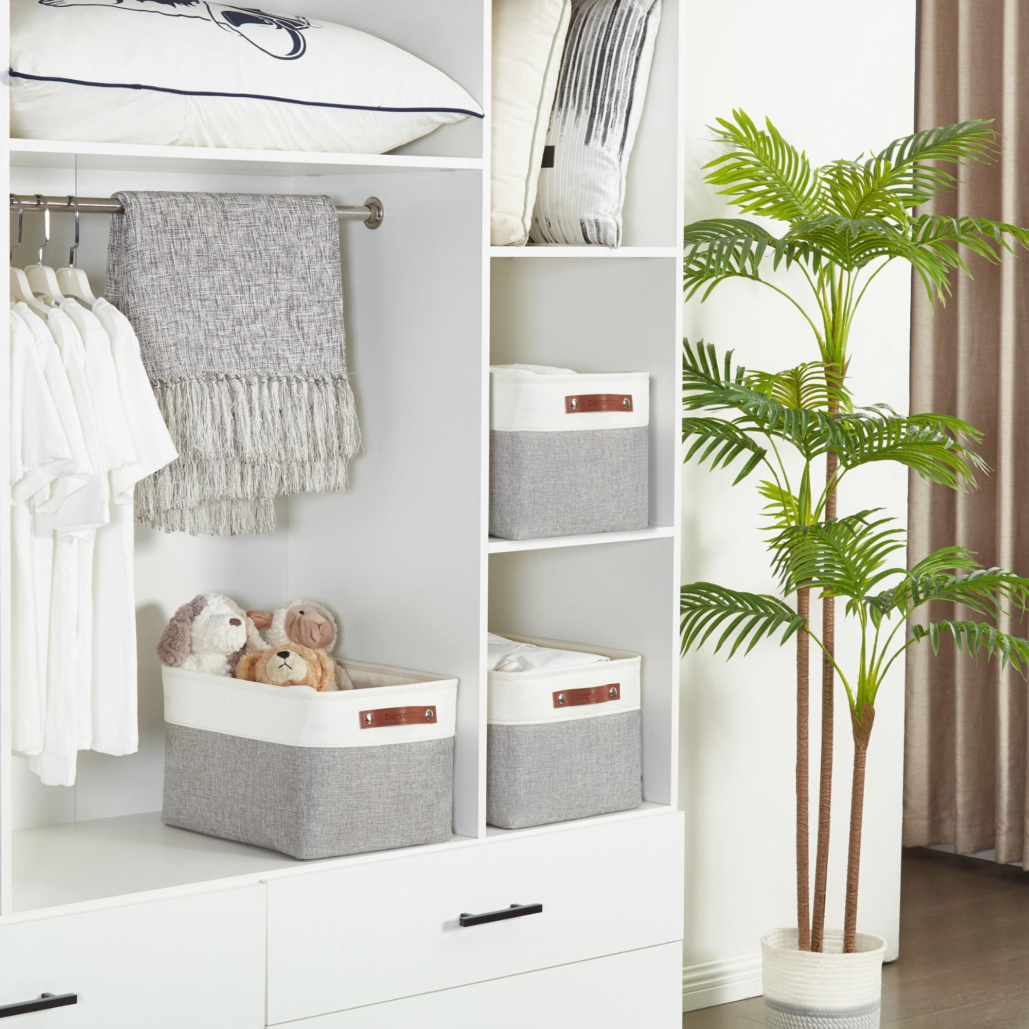 DECOMOMO Large Decorative Durable Fabric Storage Baskets and Bins, Grey and White, Set of 3