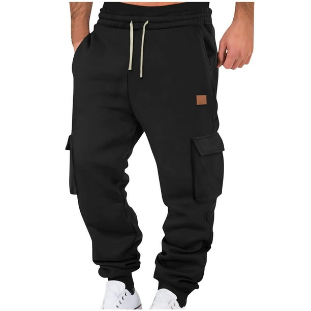 Penkiiy Men Pantalones de deporte Joggers Fleece Baggy Pantalones de deporte Cargo Pierna recta Cintura elástica Pantalones de deporte Casual Cordón de dibujo Pantalones de deporte 3XL Negro