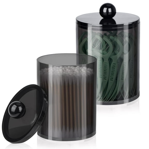 Cotton Swab and Floss Pick Storage Jars, 2 Pack Apothecary Canister Set, 10oz and 12oz Plastic Bathroom Organizer with Lids, Vanity Bedroom Decor, Black