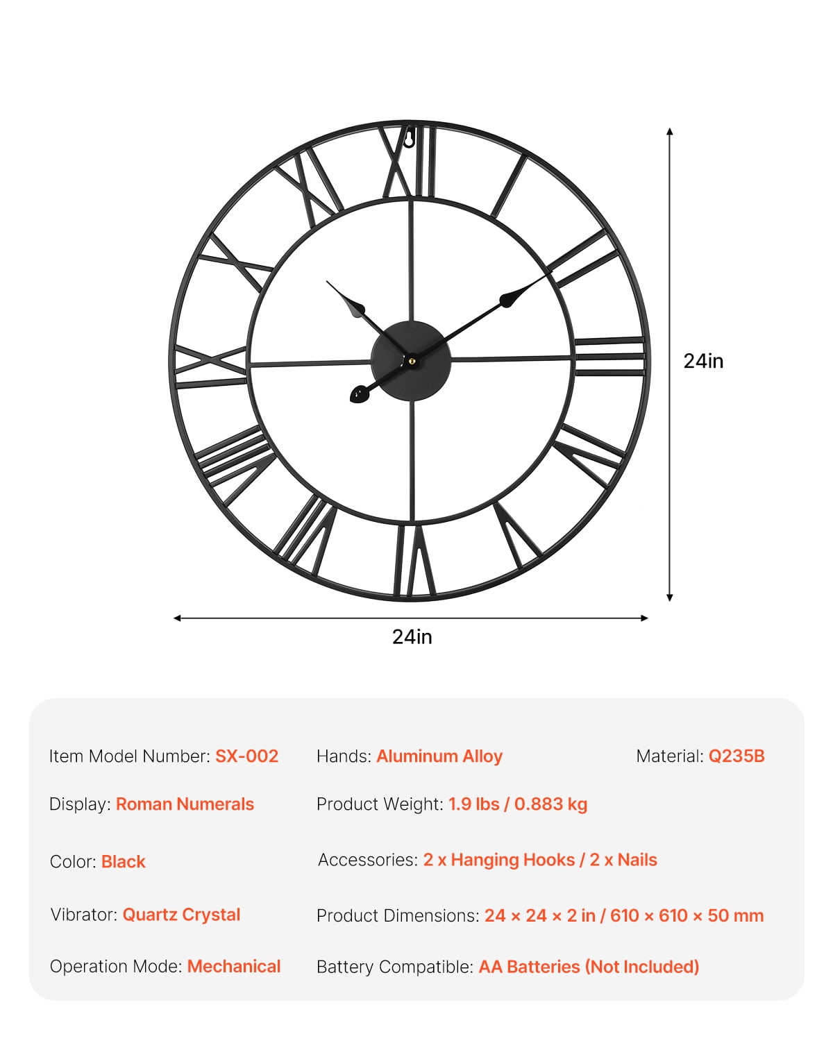 KFFKFF 24in Decorative Wall Clock with Roman Numerals, Battery-Powered Round Clock for Living Room, Bedroom, Office, Farmhouse Style, Black