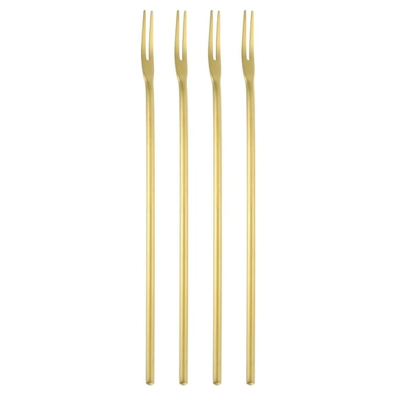 Uxcell 4 Pcs Pickle Fork, 8.6 Inch Olive Fork with Long Handle, Stainless Steel Cocktail Forks, 2-Tine Fork for Dessert Cocktail Fruit and Vegetable Golden