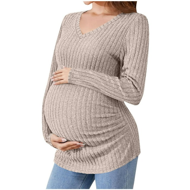 MeetoTime Women's Maternity Long Sleeve Ribbed Top Solid Color V-neck Slim Pregnancy Clothes for Women