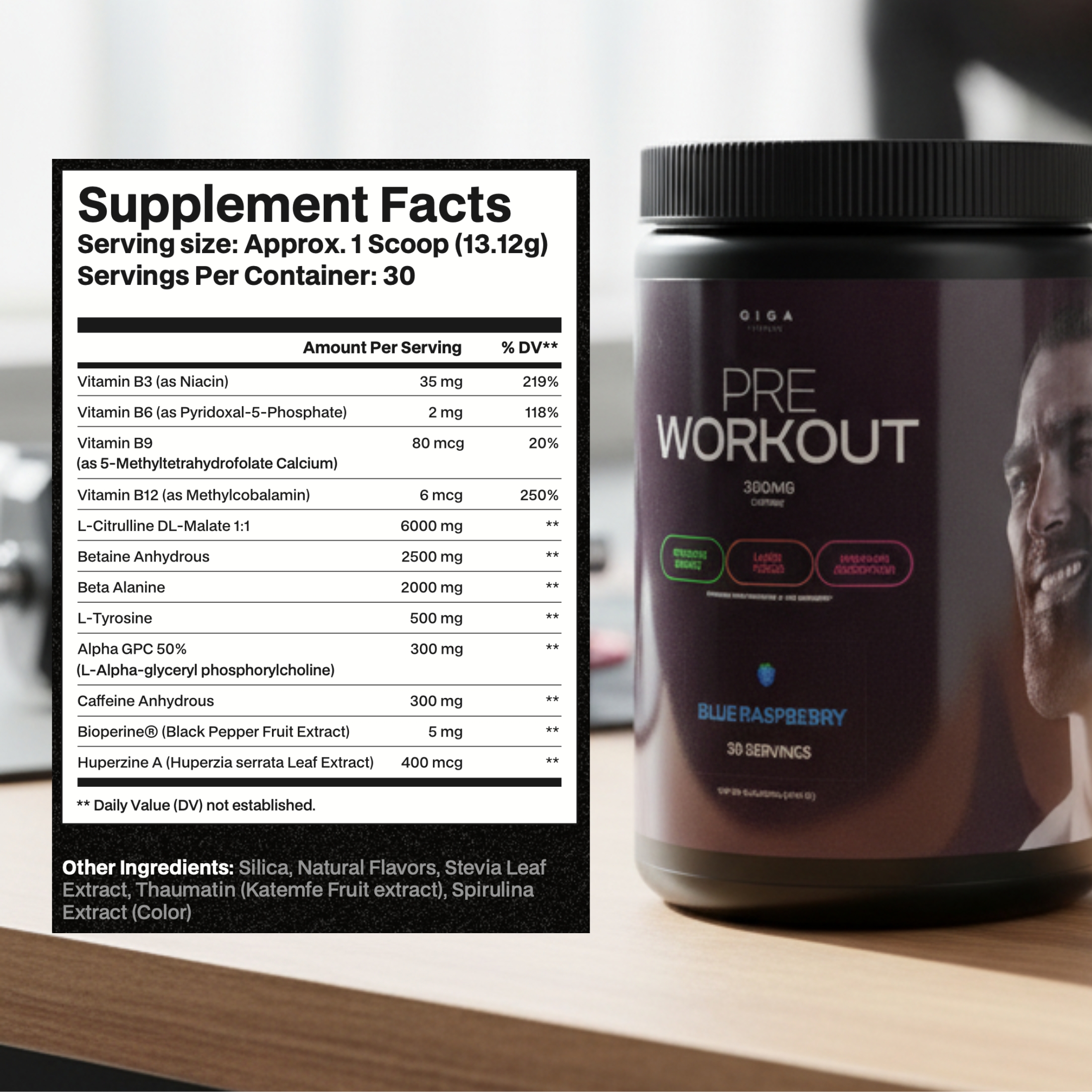 Giga Fitness Pre-Workout Powder, Energy & Focus with Alpha GPC, Blue Raspberry, 30 Servings