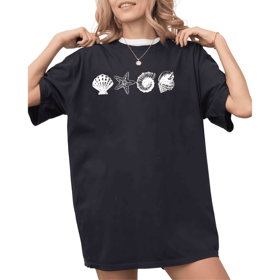 UNISHE Women's Minimalist Seashell Starfish Beach Graphic Short Sleeve T-Shirt Fashion Crewneck Top