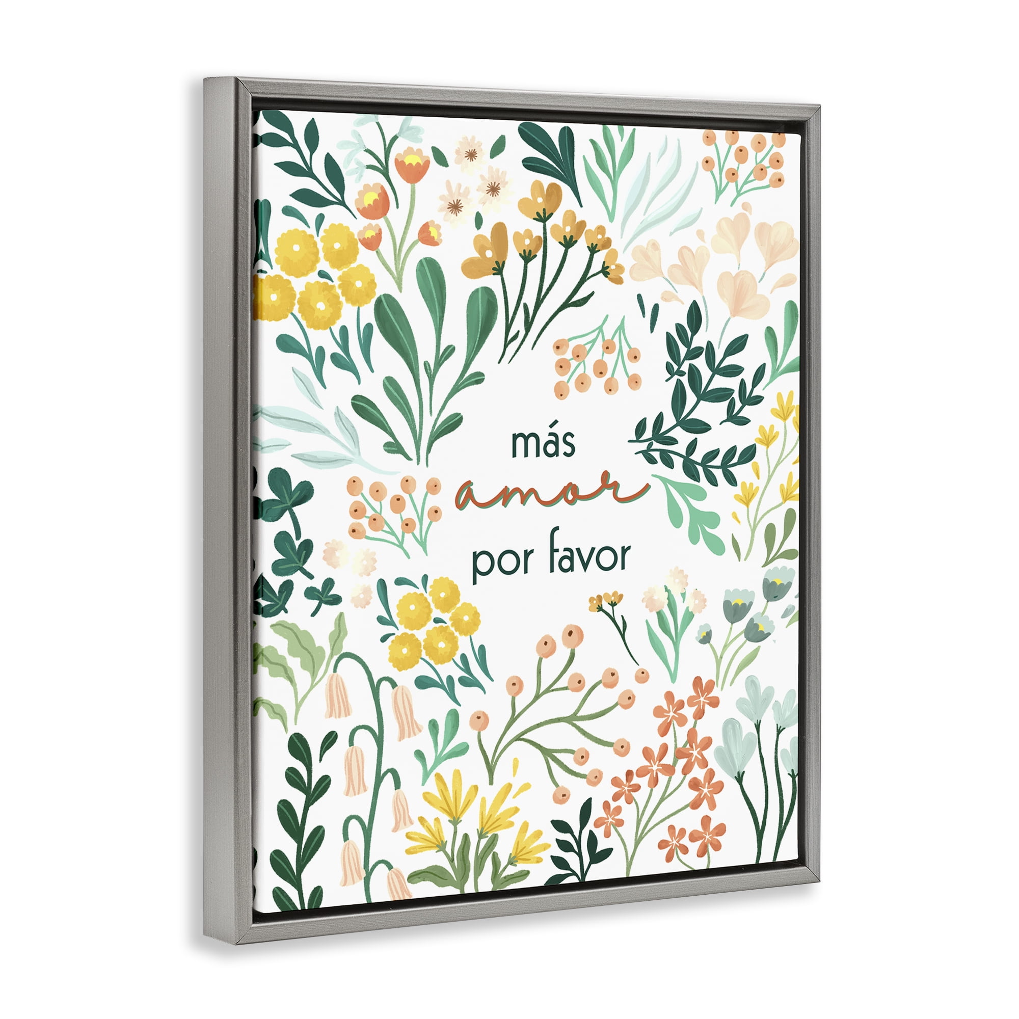 Stupell Industries Más Amor Por Favor Flores Inspirational Quotes & Sayings Painting Gray Floater Framed Art Print Wall Art, 17 x 21