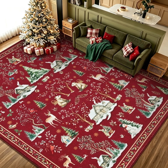 Bleum Cade Christmas 5x7 Area Rugs for Living Room,Washable Ultra Soft Xmas Tree Bedroom Rug, Non Slip Indoor Floor Carpet for Dining Room Holiday Decor,Red