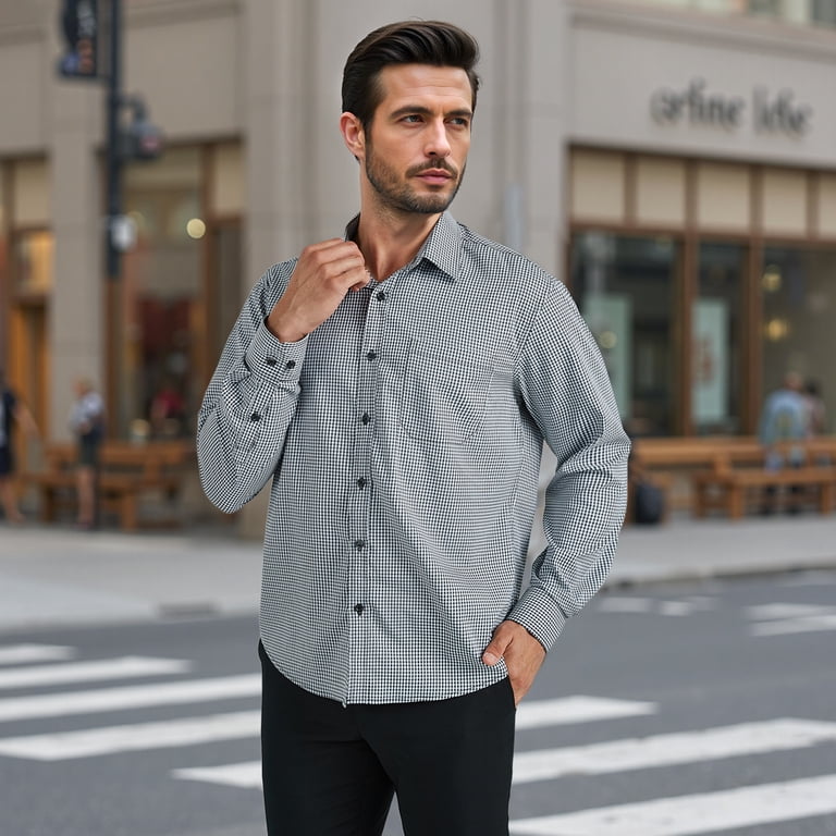 Sumtumn Men's Long Sleeve Plaid Dress Shirts with Pocket Casual Button Down Shirt Formal Business Tops, Size: Large, Black