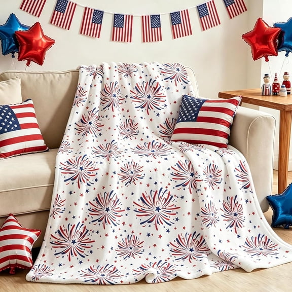Patriotic Fuzzy Blanket Red Blue Firework Star Throw Blanket 4th of July Soft Cozy Flannel Blankets for 250th Anniversary Home Bed Sofa Couch Chair, 50 x 60 Inch