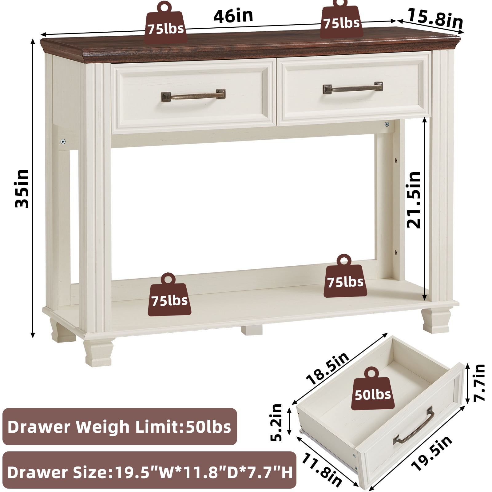 Buildhom 46" Farmhouse Console Table with 2 Drawers & Open Shelf, Rustic Wood Entryway Table for Living Room, White