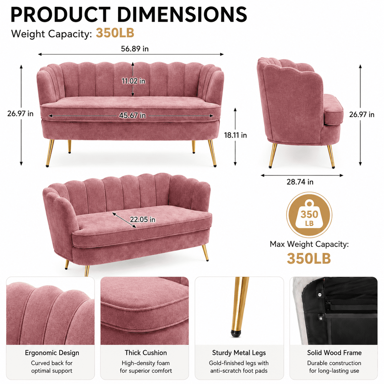 MOONMISS Chenille 2-Seater Loveseat with Gold Legs,Scallop-Tufted Curved-Back Sofa for the Living Room or Bedroom,Pink