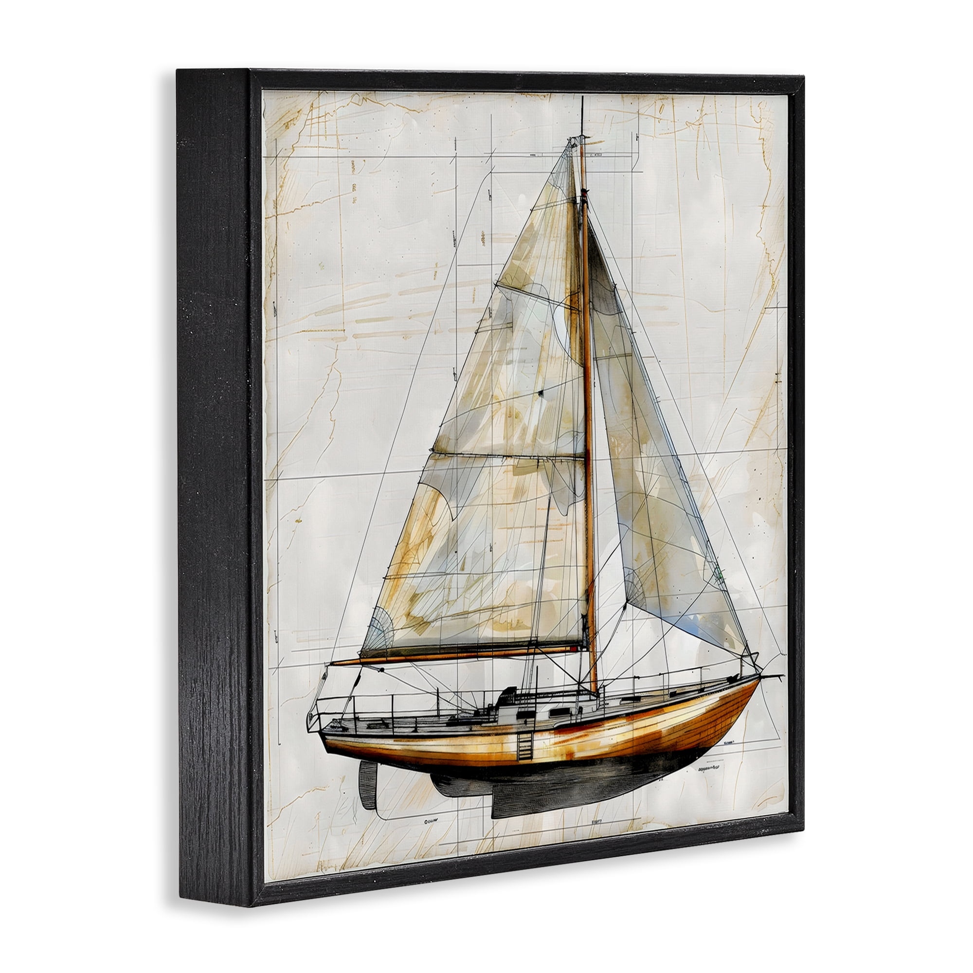 Stupell Industries Vintage Sailboat Drawing Blueprint Black Framed Giclee Art, design by Creative Studio