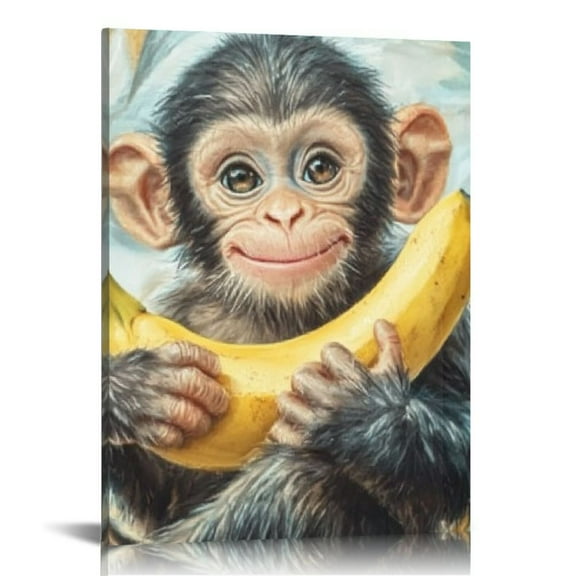 Sheronv Monkey Banana Smile Fine Art Aesthetic Poster & Print Wall Painting for Living Room Bedroom Home Office Wall Decor - Ready to Hang Canvas Pictures 12x16 in