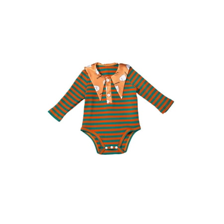 

aturustex Halloween Baby Girls Boys Top Romper Stripe Cartoon Patterns Lapel Long Sleeve Bodysuit 0-3 Years