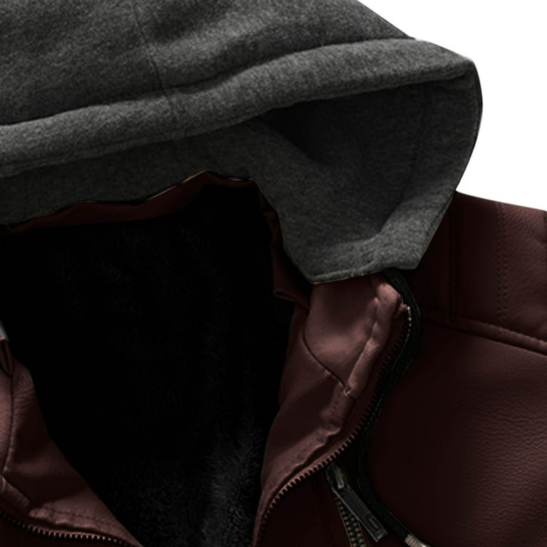 APEXFWDT Men's Faux Leather Jacket Hoodie Vintage Fleece