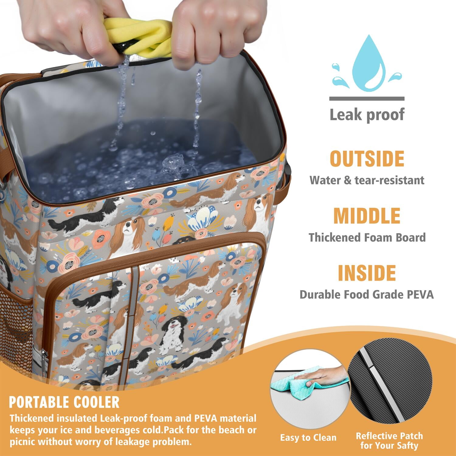 Travel Cooler Bag - Cavalier King Charles Spaniel Dog and Flower Camping Beer Cooler Backpack with Bottle Opener- Waterproof Insulated Picnic Backpacks - Cooler Bag for Beach