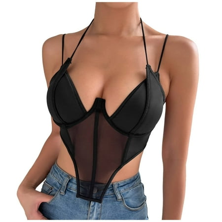 

KDDYLITQ Women Bra Halter Crop Top Mesh Strappy Vest Sexy Black M
