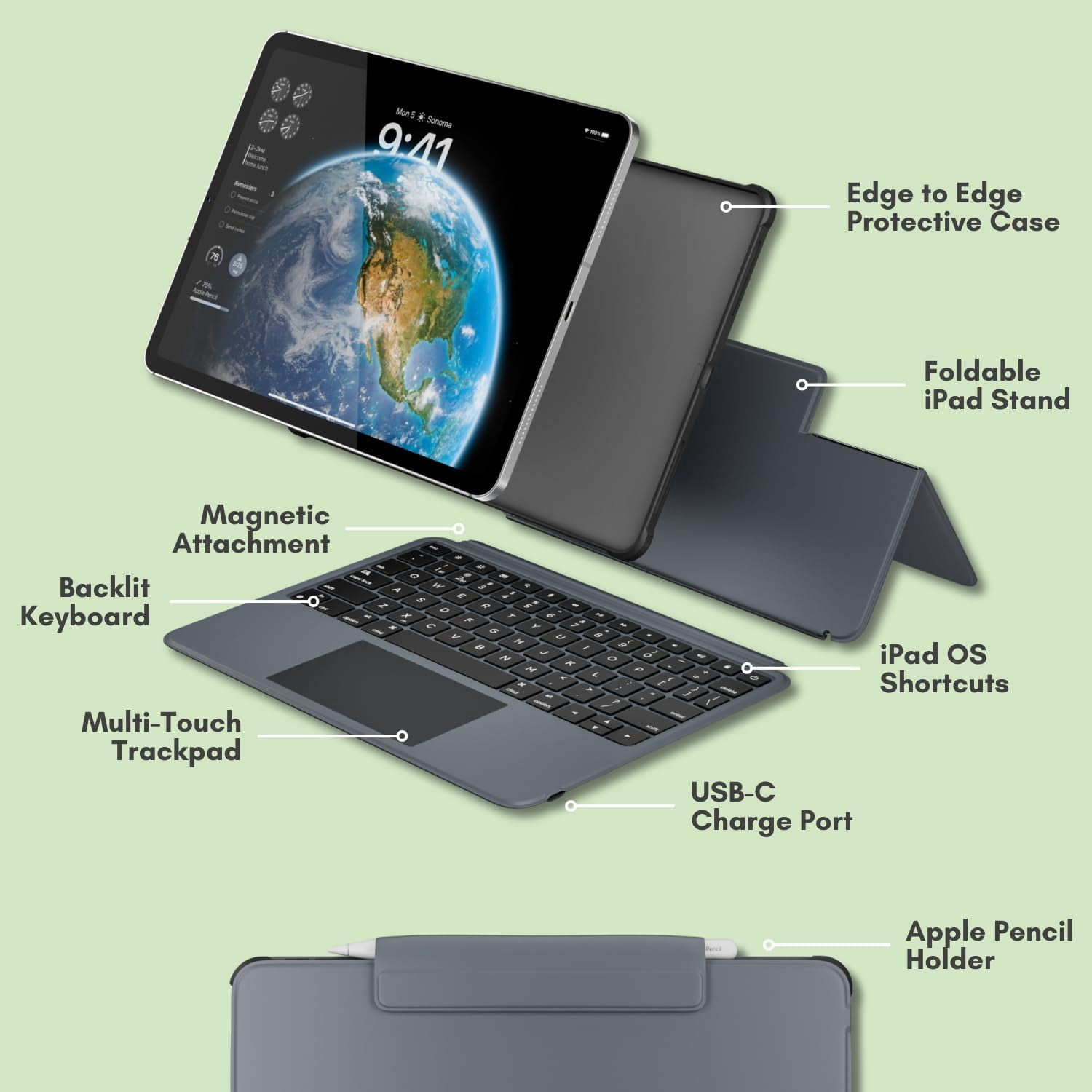 Macally iPad Pro 13 Inch Case with Keyboard (M4, 2024), iPad Pro 13 Keyboard with Trackpad, Multi Angle View Stand, Apple Pencil Holder, Backlit Features