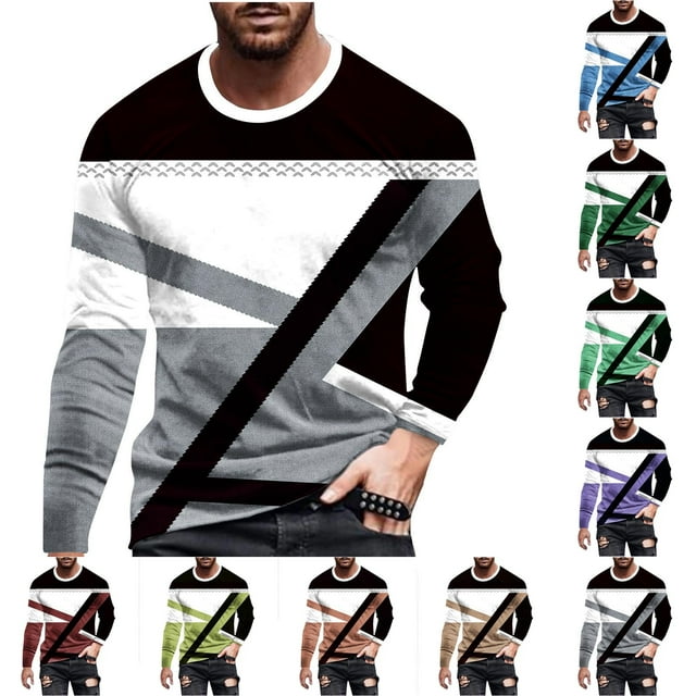 UVEASISHA T-Shirts à Manches Longues pour Hommes Mode Imprimé Géométrique Col Rond Ajusté Décontracté Musculation Grandes Tailles Mode Urbaine Cool Tops Soldes Aujourd'hui