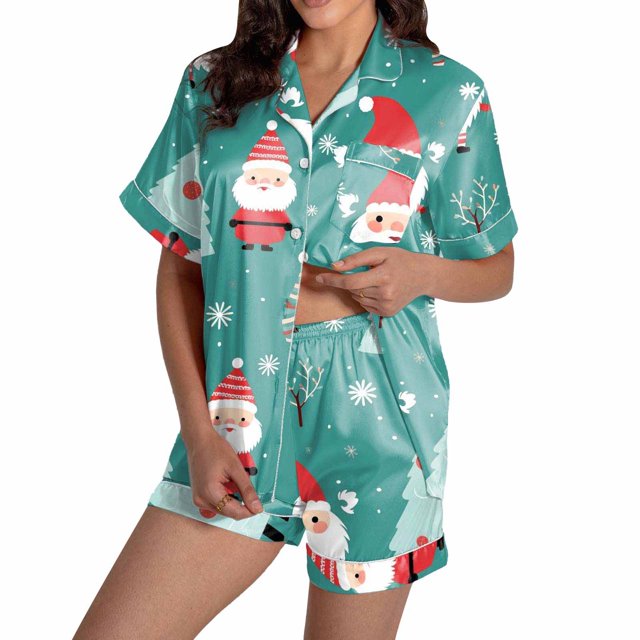 Christmas Pajamas For Women Snowflake Printed Silk Satin Short Sleeve Button Sleepwear Set 2Pc Pjs Set