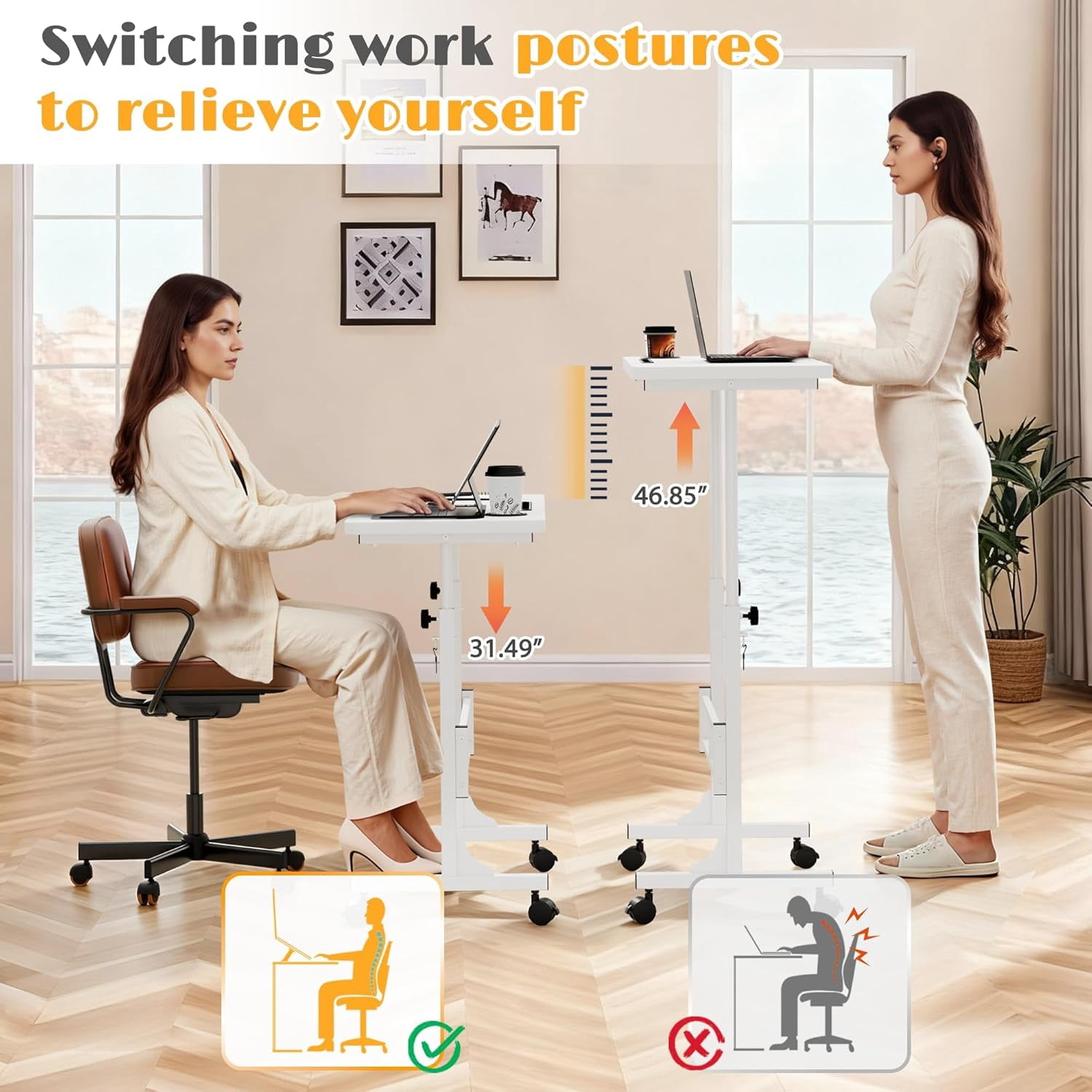 MONGJI Small Portable Standing Desk Adjustable Height, Mobile Stand Laptop Computer Workstation with Lockable Wheels for Walking Pad Treadmill (White)