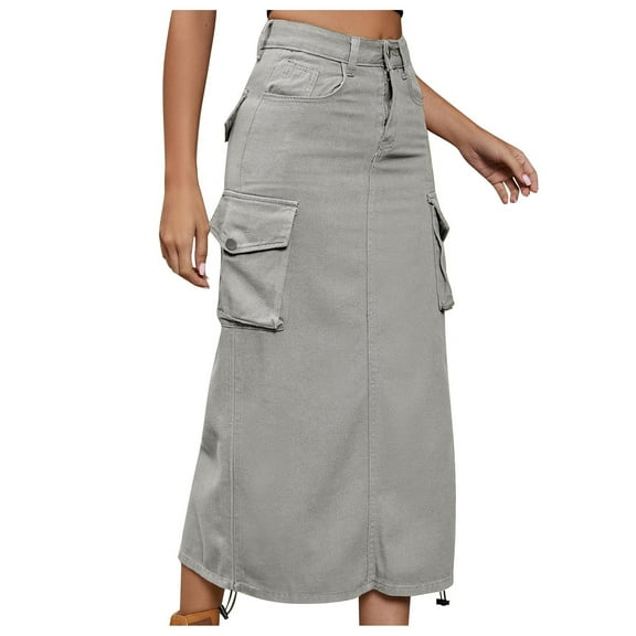 Edvintorg Street Casual Cargo Midi Skirts Women Summer Hight Waist Denim Work Pocket Skirt Fashion Solid Color Mid-Length Jean Skirt Gray S
