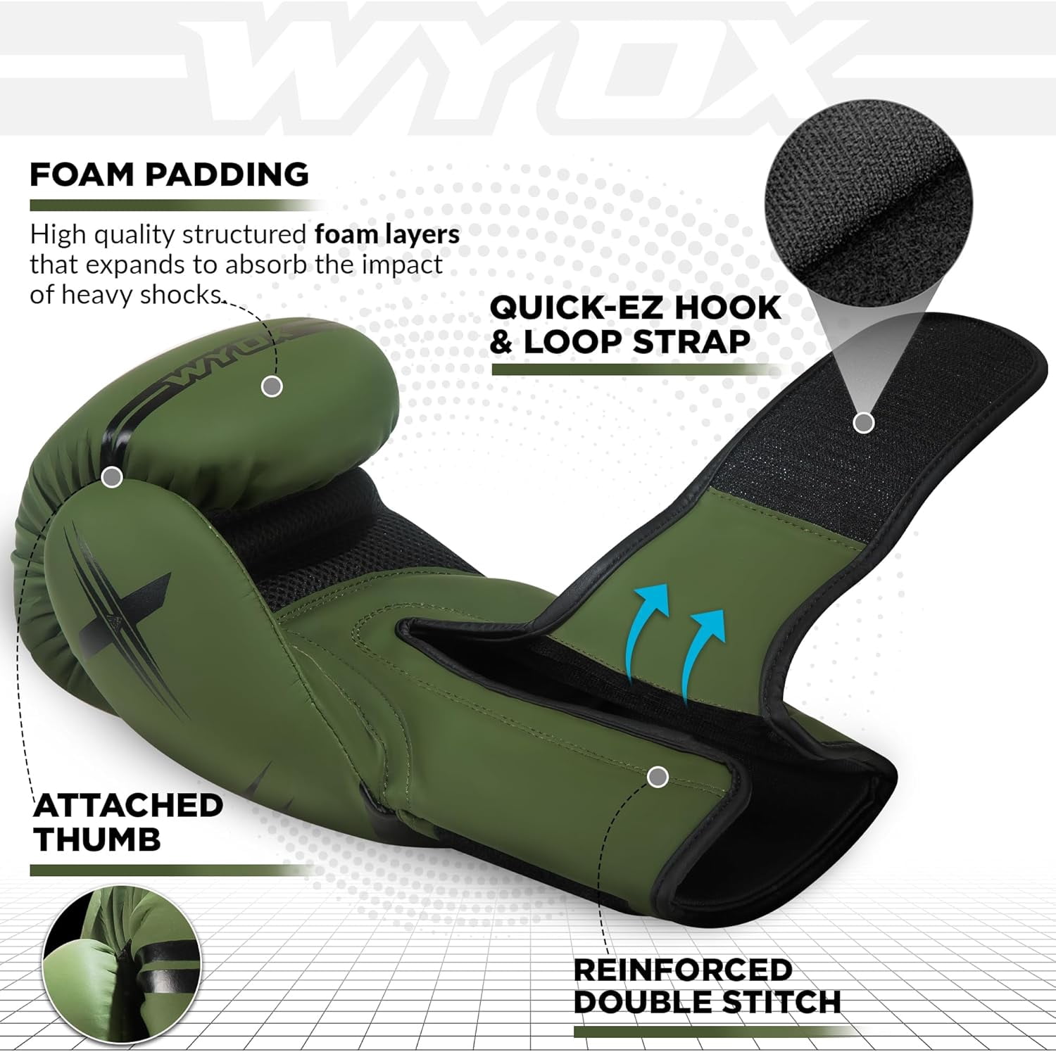 WYOX Boxing Gloves 12oz Adult Army Green – Men & Women | Workout, Punching, Pro Training, MMA, Kickboxing, Muay Thai, Heavy Bag