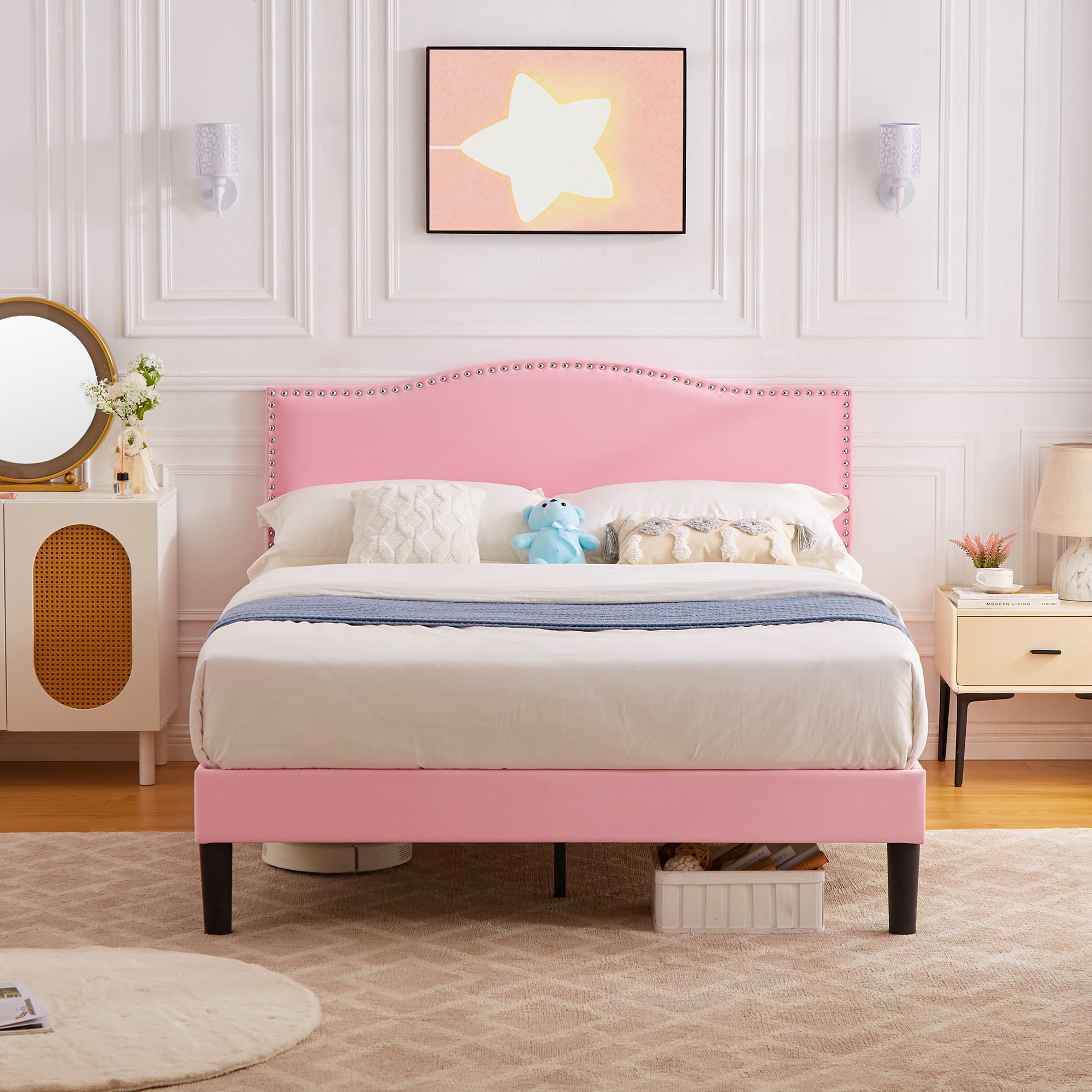 VECELO Queen Bed Frame, Nailhead Trim Upholstered Platform Bed with Adjustable Headboard, Wooden Slats Support/No Box Spring Needed, Pink