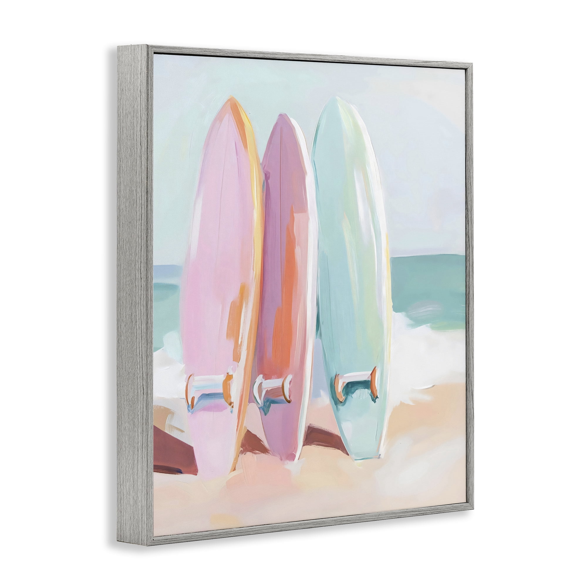 Stupell Industries Pastel Surfboards on Sandy Beach Gray Framed Giclee Art, design by The Prints Vibe