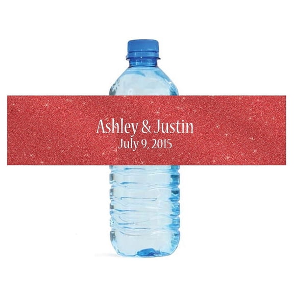 100 Modern Red Glitter Wedding Birthday Party Water Bottle Labels 8"x2"