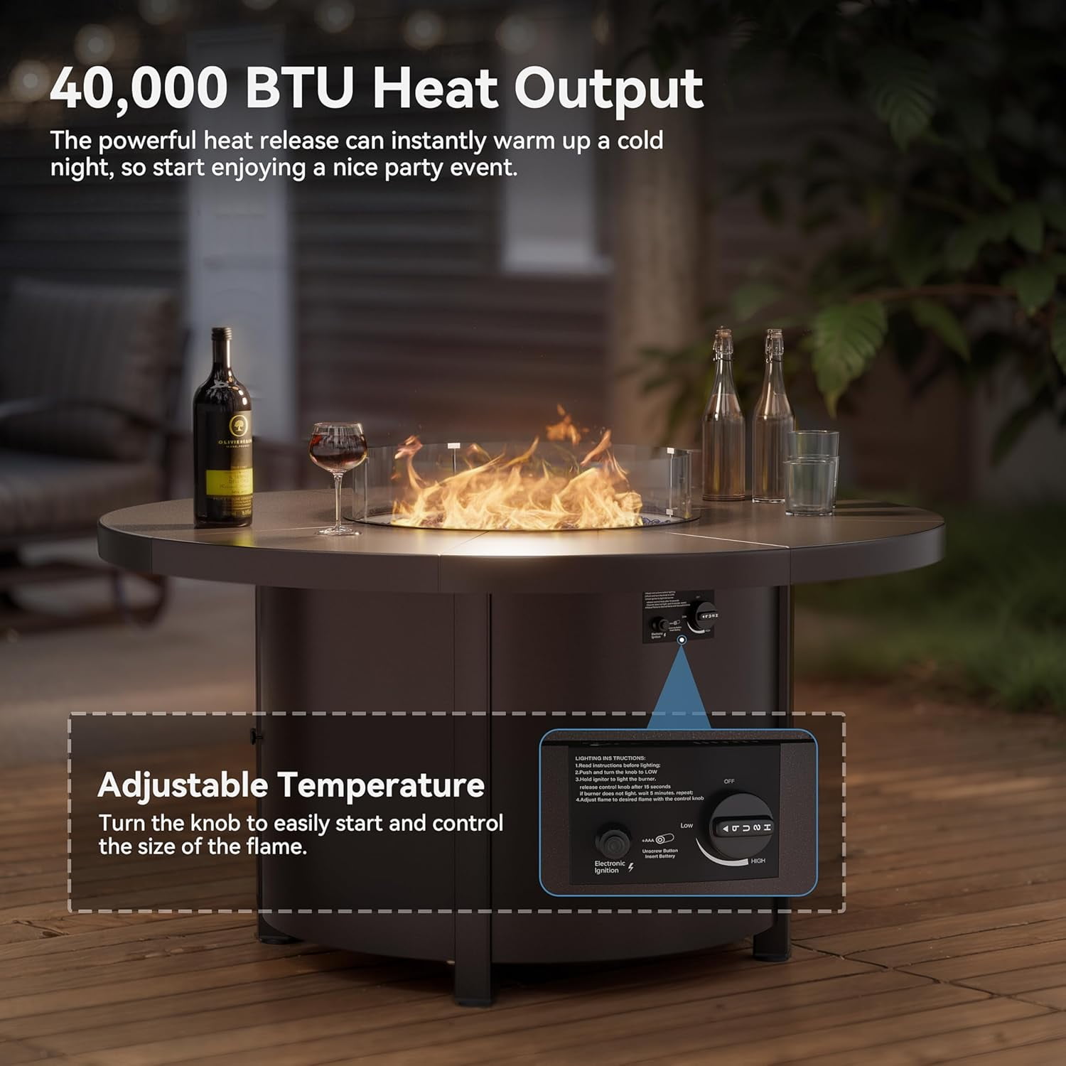 Kullavik 48 Inch Outdoor Propane Fire Pit Table,Round Firepit Table for Outside Patio,Gas Fire Table with Fire Glass,Waterproof Cover and Blue Glass Stone