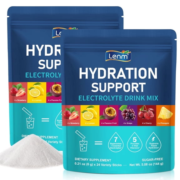 Electrolyte Powder - with 7 Essential Electrolytes & 5 Essential Vitamins - Variety Fruit Flavors for Sports, Travel & Daily Hydration, 2 Pack