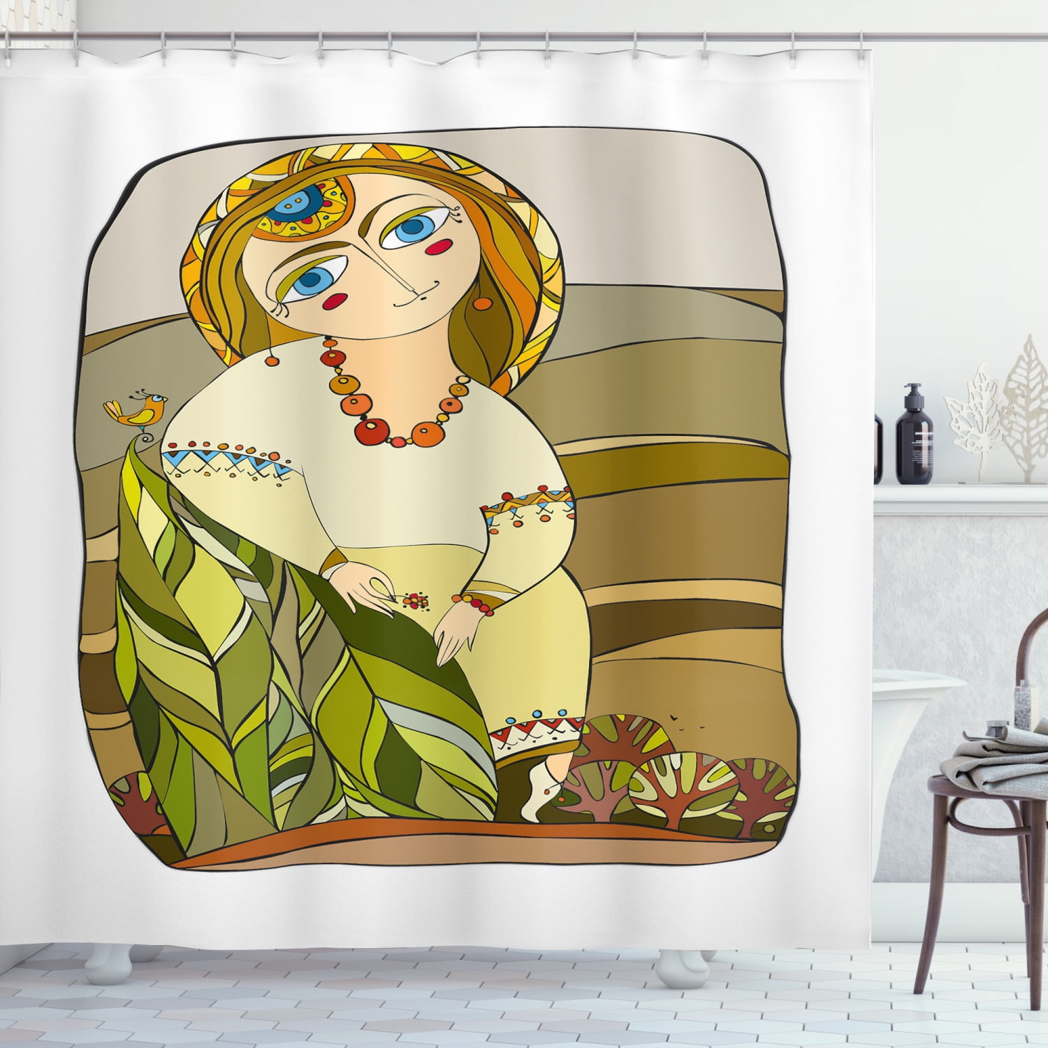 Folk Art Shower Curtain, Digitally Generated Artistic Drawn Beautiful