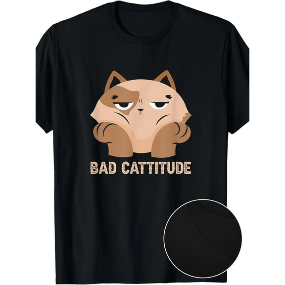 Funny Graphic Tee,Tops Has"BAD CATTITUDE"Cute Cat Print,Round Neck Regular Fit T-shirts, Size(S-5XL)