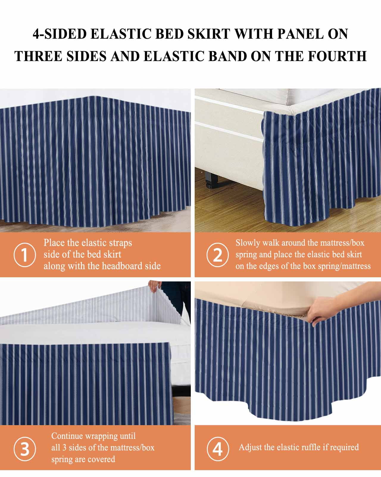 Navy Blue Striped Bed Skirt Queen Size, Navy Blue White Farmhouse Stripes Wrap Around Bed Skirting with Adjustable Elastic Strap, Dust Ruffle Pleated Bedskirts 18 Inch Drop for Bedroom Queen Beds