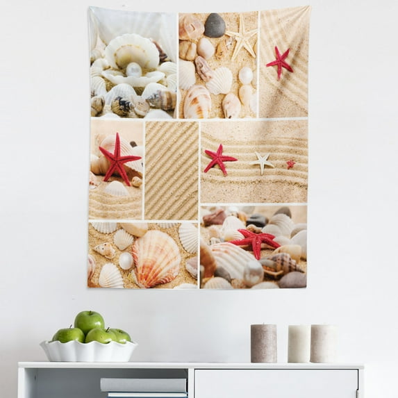 Tropical Tapestry, Collage Macro Photos of Seashells Pearls Pebbles and Starfish on Sandy Beach, Fabric Wall Hanging Decor for Bedroom Living Room Dorm, 5 Sizes, Multicolor, by Ambesonne