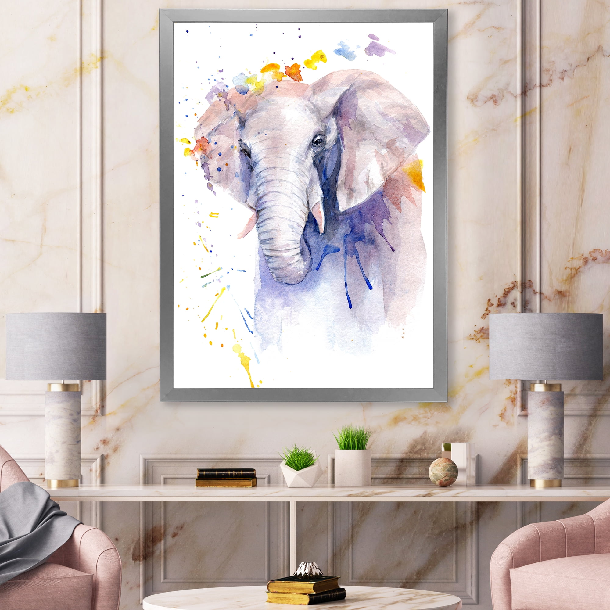 Designart 'Portrait of An Elephant Yellow and Blue Strokes' Farmhouse Framed Art Print