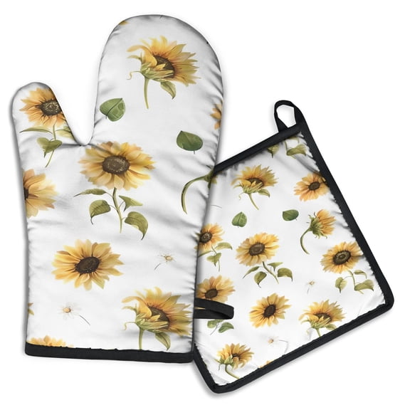 White Daisy Green Leaf Sunflower Pattern Kitchen Oven Mitt and Pot Holder Sets 2 Pcs for Baking, Cooking and Grilling, Heat Resistant Up To 392 °F