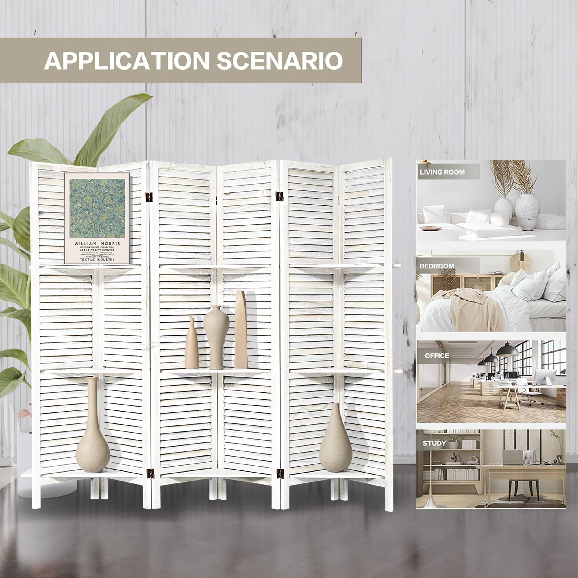 MAYEERTY 6 Panel Room Divider with Display Shelves, Freestanding Wood Privacy Screen, White