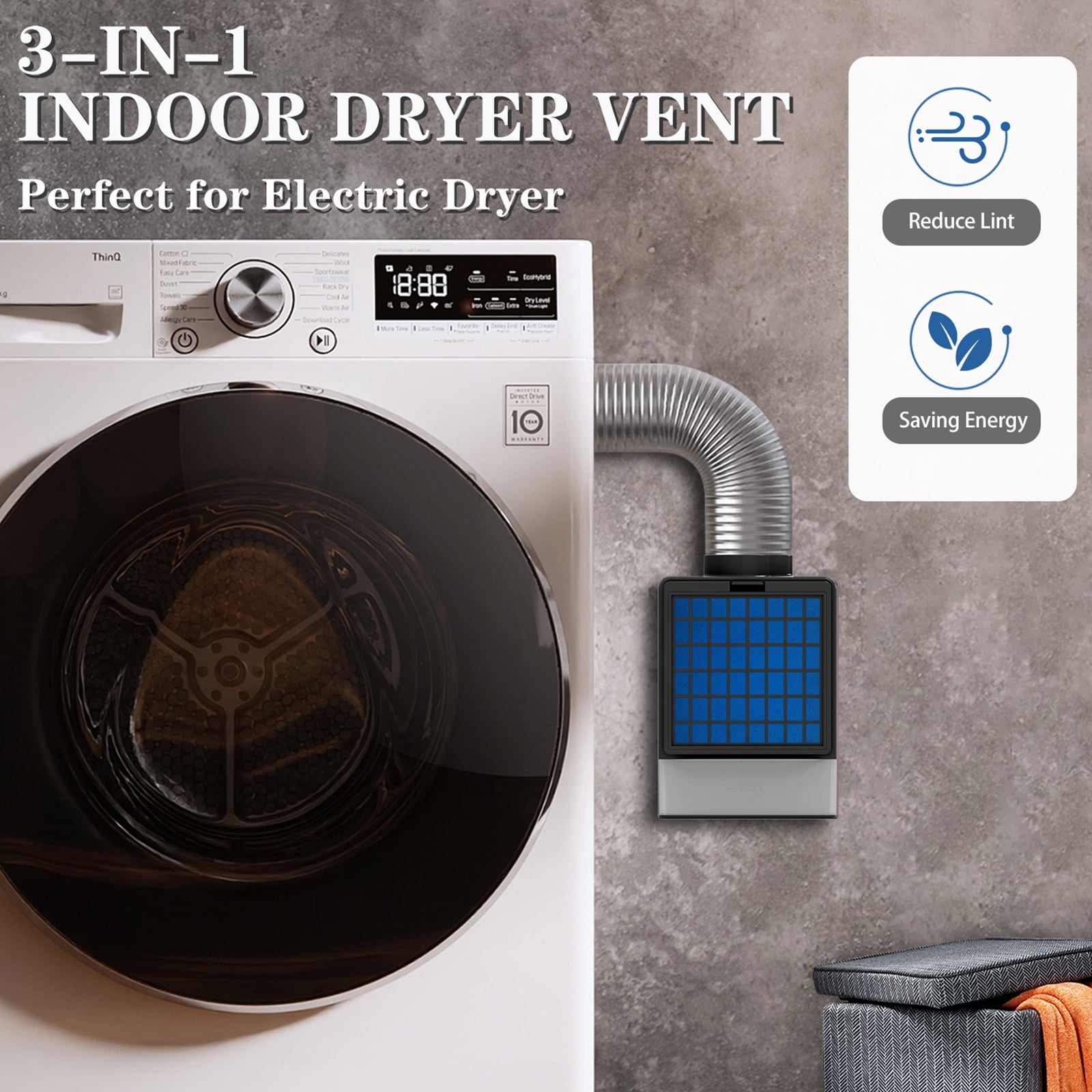 TUOOWO 3 in 1 Indoor Dryer Vent Kit - Dryer Vent Screen Filter Bucket Box for Electric Dryer Inside Use, with 4 Pieces Filters - Black
