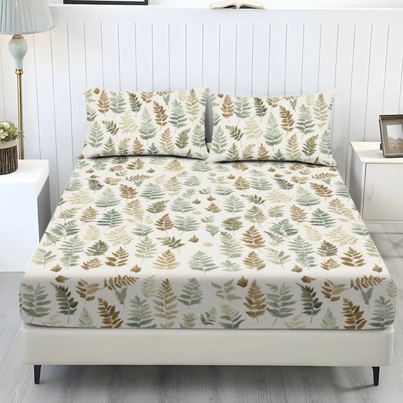 COEQINE Twin Size Sheet Set Soft Wrinkle Free 3 Pieces Bed Sheets Set with Deep Pocket Bedsheet & Pillowcases Home Decor for Twin Size Bed, Retro Fern Leaf