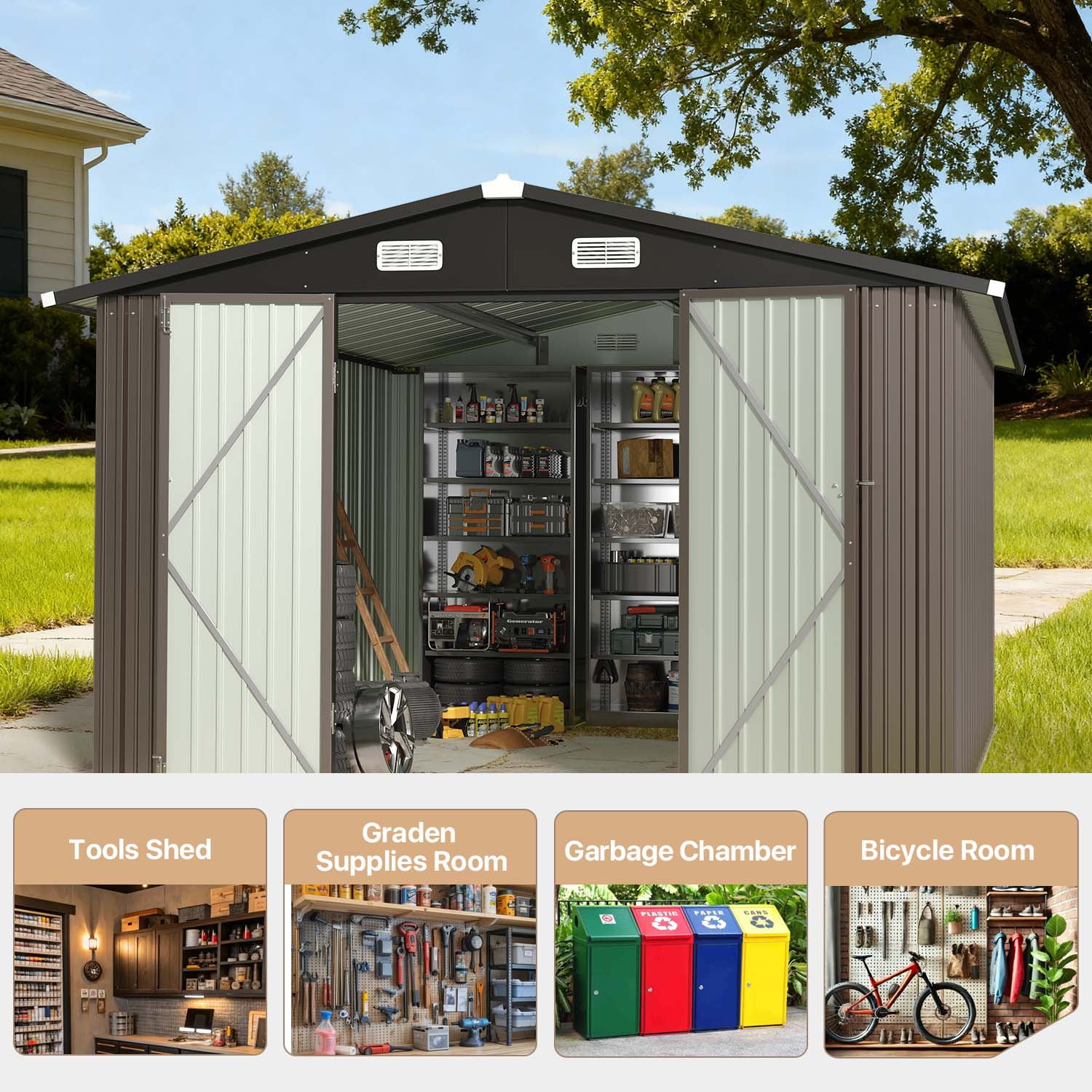 BaPiPro 10x12 ft Metal Storage Shed with Double Lockable Doors, Outdoor Storage Garden Tool Shed Bicycle Shed for Patio Backyard, Brown